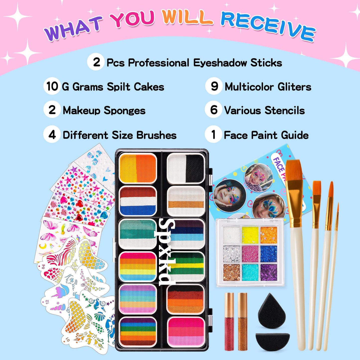 Face Painting Kit for Kids Adults 12X10gm Split Cake Face Paint Palette with 9 Gliters 2 Eye Shadow Sticks 2 Sponges 6 Stencils