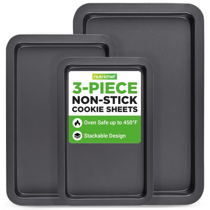 NutriChef 3-Piece Nonstick Baking Sheet Set – Non-Toxic Cookie Sheets for Everyday Baking – Small, Medium & Large Oven Safe Bakeware Trays – Warp-Resistant, Easy to Clean & Dishwasher Safe