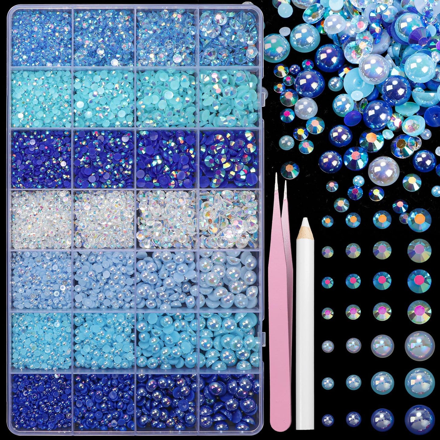 22000 Pcs Blue Flatback Pearls and Rhinestones Bedazzling Kit, Resin Rhinestones Gems for Crafting, Mixed Size Half Pearls Gems for Nails Face Eyes Makeup Bottles Shoes DIY Crafts