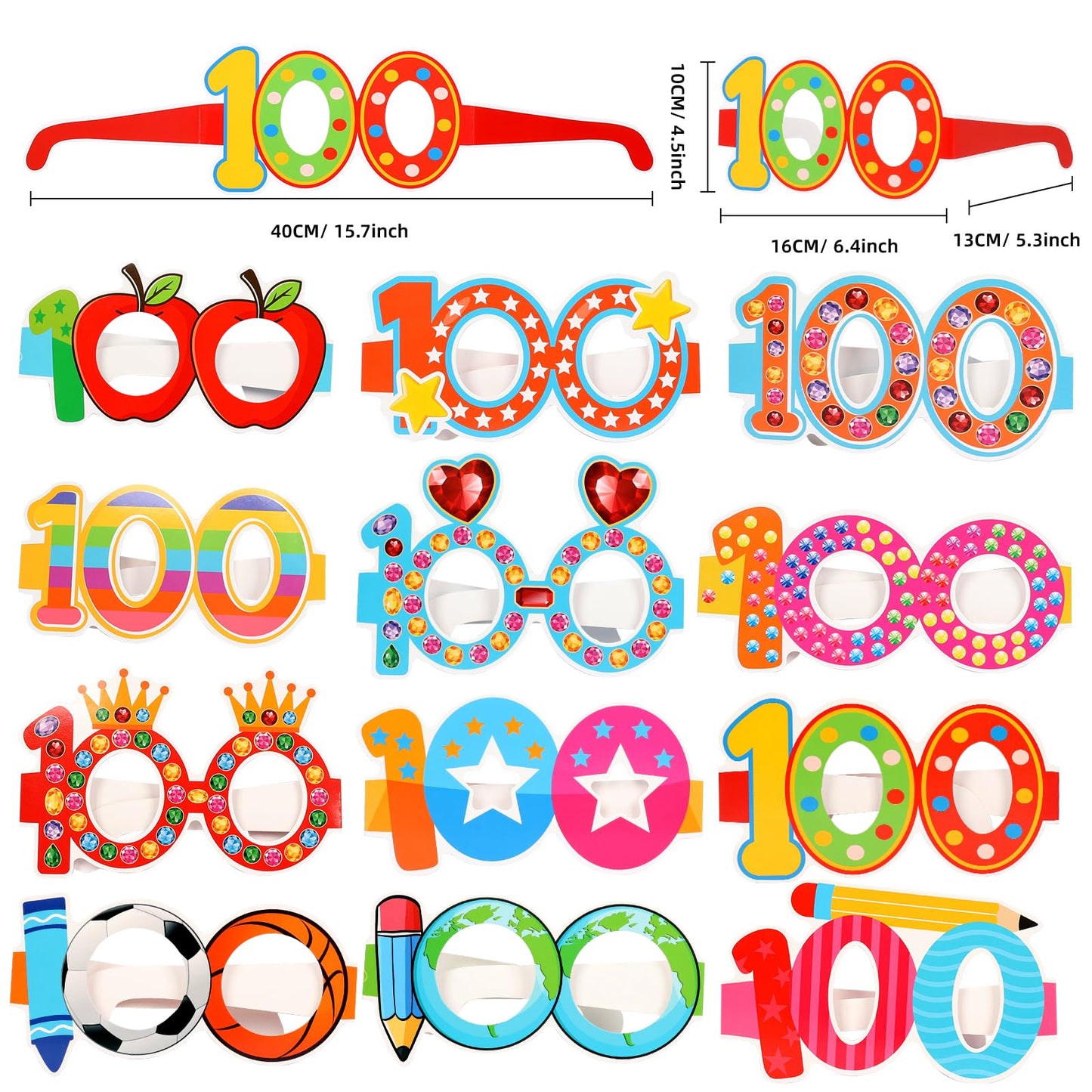 YVAINE 24 Pcs 100 Days of School Party Glasses,Funny Happy 100th Day of School Paper Novelty Glasses Photo Booth Props Frames,100 Days Smarter Costume Supplies Hooray 100 Days Party Eyeglasses