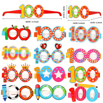 YVAINE 24 Pcs 100 Days of School Party Glasses,Funny Happy 100th Day of School Paper Novelty Glasses Photo Booth Props Frames,100 Days Smarter Costume Supplies Hooray 100 Days Party Eyeglasses