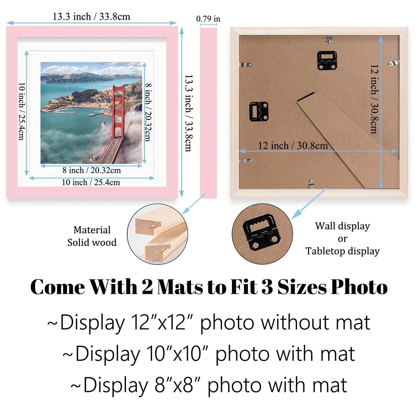 12x12 Wood Picture Frames for Wall Hanging or Tabletop,Diamond Painting Frame Baby Scan Picture Frames with 2 Mats Display 8x8 or 10x10 for Family Walls Decoration,Anniversary,Wedding,Christmas(Pink)