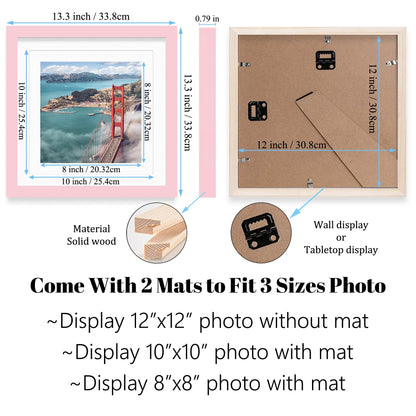12x12 Wood Picture Frames for Wall Hanging or Tabletop,Diamond Painting Frame Baby Scan Picture Frames with 2 Mats Display 8x8 or 10x10 for Family Walls Decoration,Anniversary,Wedding,Christmas(Pink)