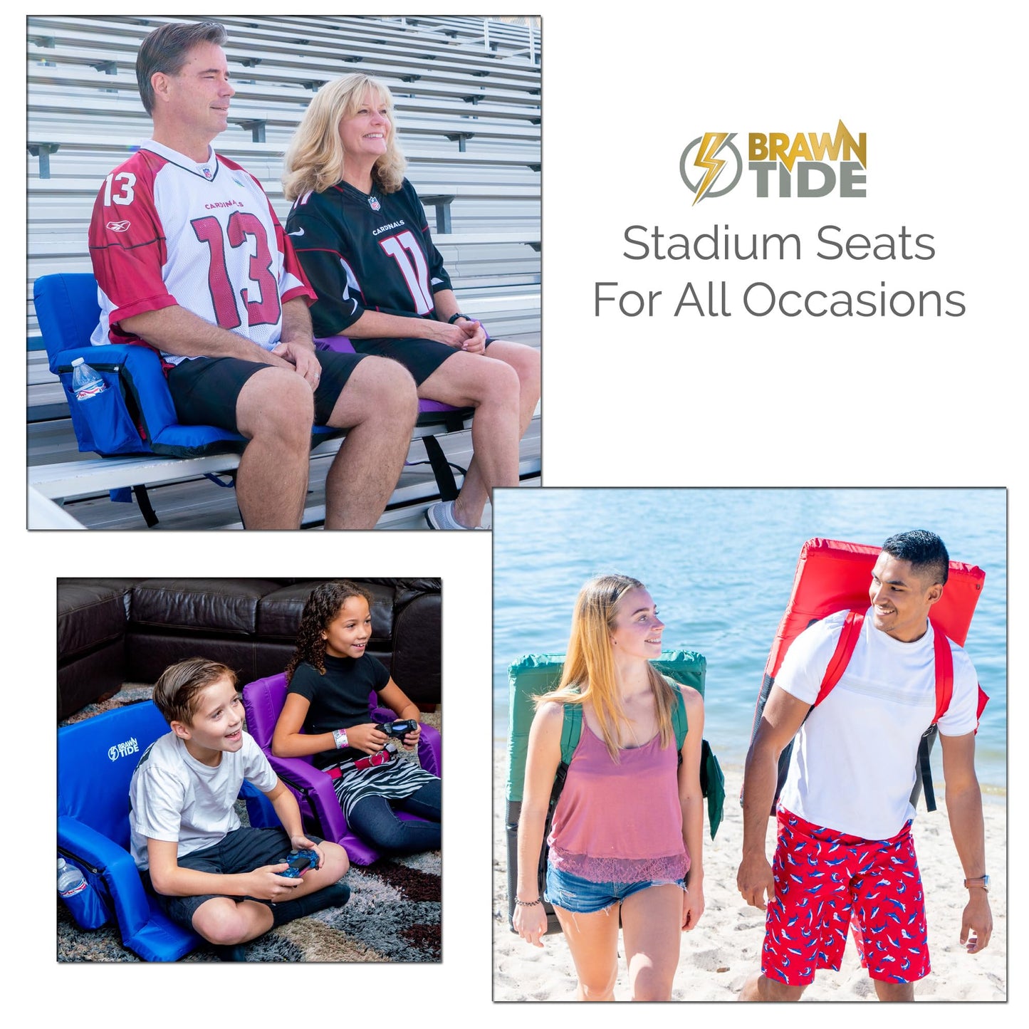 BRAWNTIDE Stadium Seat with Back Support - Comfy Cushion, Thick Padding, 2 Bleacher Hooks, 4 Pockets, Ideal Stadium Chair for Bleachers, Sporting Events, Camping, Beaches (Black, Regular Size)
