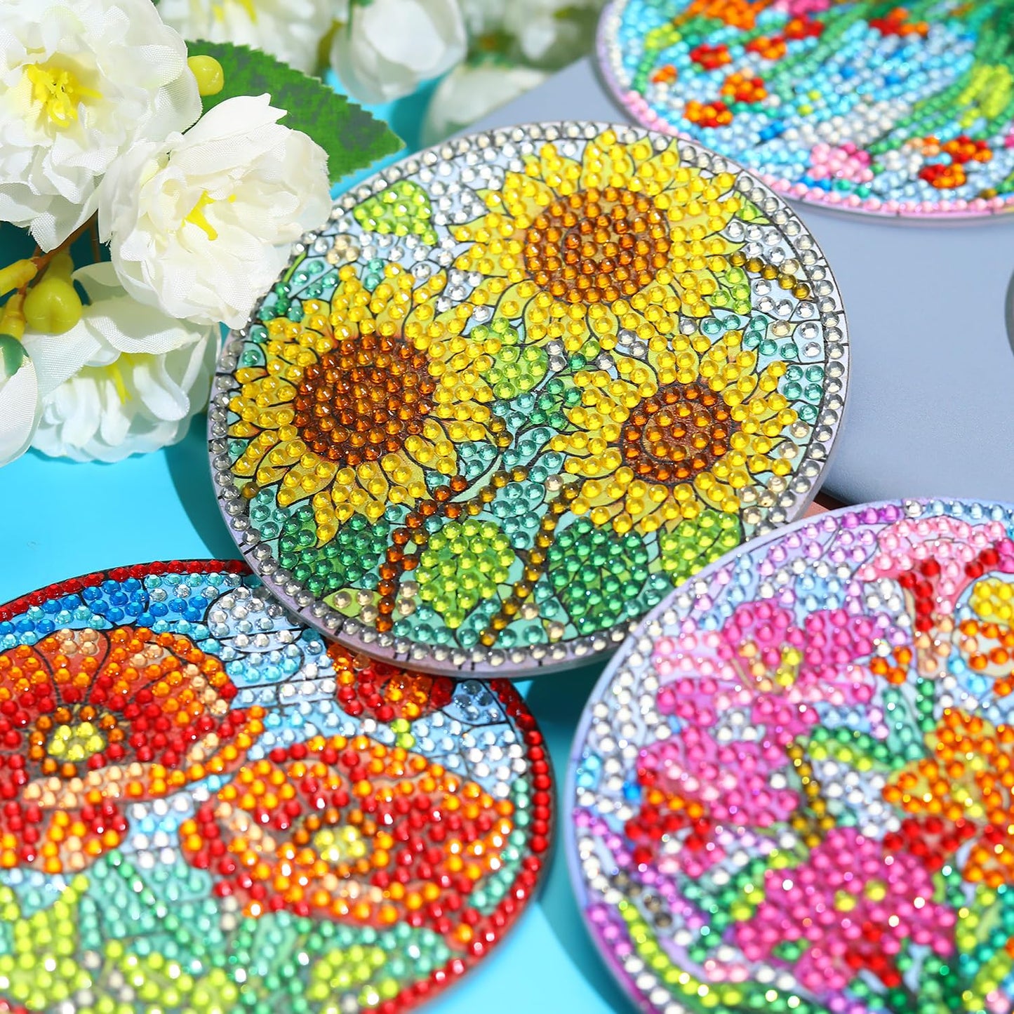 8 PCS Flowers Diamond Art Coasters Kits, Diamond Painting Coasters with Holder Set of 8, DIY Drink Coasters Art Crafts Supplies for Adults Cup Mat for Home Decor House Warming Gifts Non-Slip 3.9inch