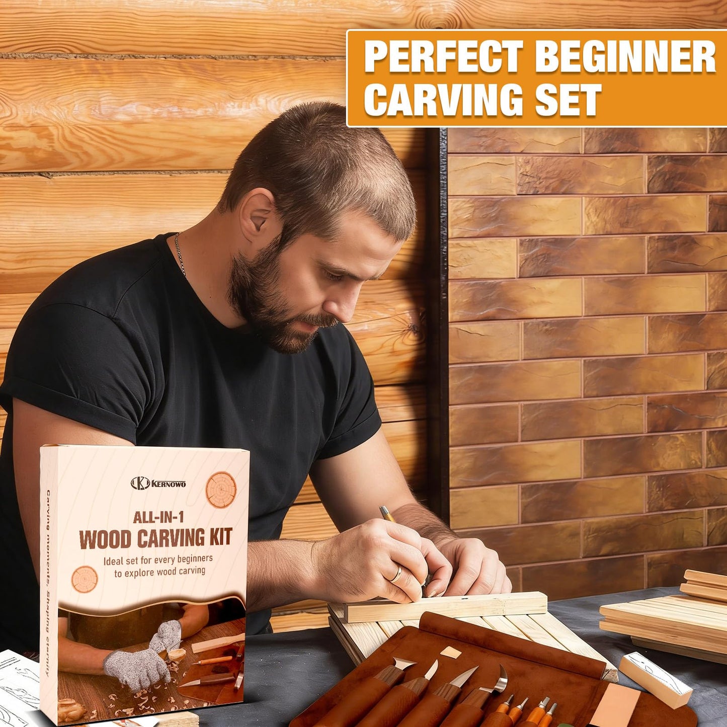 Wood Carving Kit, 24Pcs Wood Carving Tools with Storage Bag, Wood Whittling Knife Kit with 4pcs Templates & 6pcs Basswood Blocks for DIY Beginners