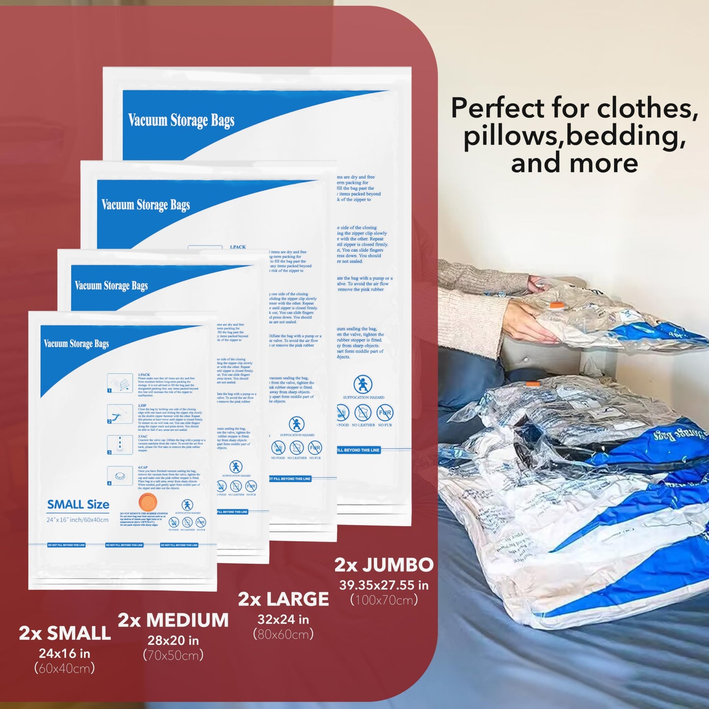 Vacuum Storage Bags with Electric Air Pump 8 Combo (2 Jumbo/2 Large/2 Medium/2 Small), Plastic Packaging Bags,Travel Vacuum Bags For Luggage,Clothes, Pillows, Comforters, Blankets, Bedding