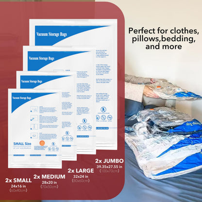 Vacuum Storage Bags with Electric Air Pump 8 Combo (2 Jumbo/2 Large/2 Medium/2 Small), Plastic Packaging Bags,Travel Vacuum Bags For Luggage,Clothes, Pillows, Comforters, Blankets, Bedding