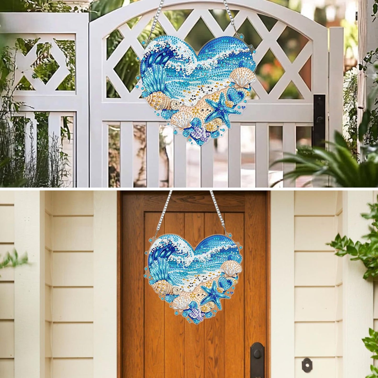 MXJSUA Waves Beach Diamond Painting Art Window Suncatchers, Diamond Art Kits for Adults Hanging Ornaments with Chain, 5D Special Shape Crystal Diamond Pendant Accessories for Decor Gift 8x8 Inch