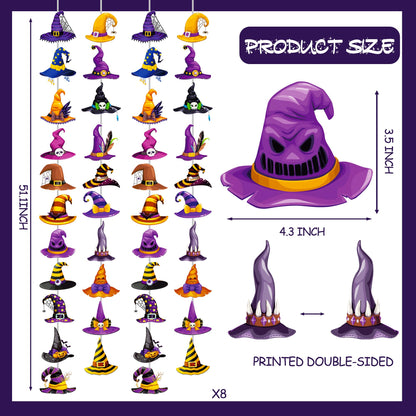 Halloween Witch Hat Garlands Halloween Party Supplies 8PCS Pre-Strung Witch Hanging Paper Garland Banners Wizard Hat Decorations for Spooky Theme Birthday Baby Shower Decor