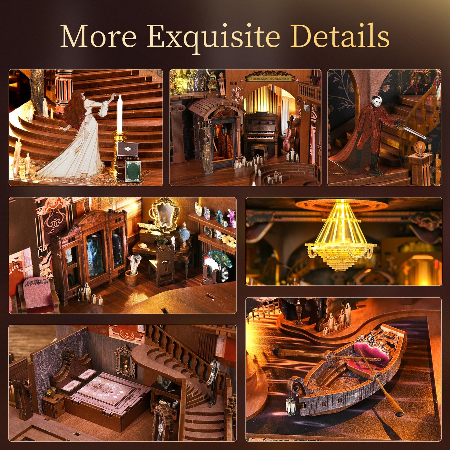CCCDF Book Nook Kits for Adults, DIY Miniature House Kit with Dust Cover & 3-Level Dimmable LED Lights, 3D Wooden Puzzle for Collectible Home Decor Gift (Phantom of The Opera Max)
