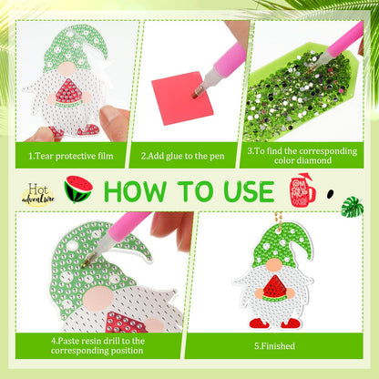 Karenhi 15 Pcs Diamond Art Keychains Summer Watermelon Painting Keychain Kit DIY Single Sided Fruit Gnome Key Ring Spring Diamond Hanging Ornament Gift Accessories for Adult Craft Bag Party Decoration