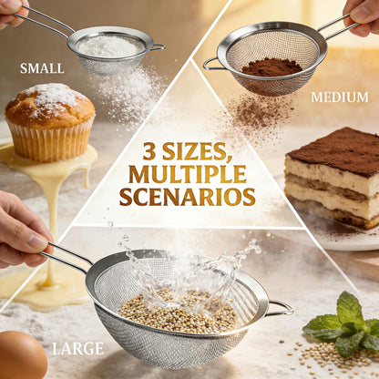 Anaeat Fine Mesh Strainers - Premium Stainless Steel Colander Sieve Sifters, with Durable Mesh and Sturdy Handle, Excellent for Sifting Dry ingredients, Flour, Pastas, Rice, Tea (2.8"+4.73"+7.09")