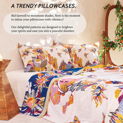 VANJOROY 100% Organic Washed Cotton Queen Pillowcases for Skin-Friendly Set of 2-1000 Thread Thick Count 20x30 Inches Luxury Boho Pillow Cases, Muslin Bird Floral Pattern Pillow Cover -Beige