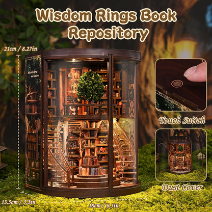 DIY Book Nook Kit with LED Light, Miniature Dollhouse, 3D Wooden Puzzle, Bookshelf Insert Decor Craft Gift (Wisdom Rings Book Repository)