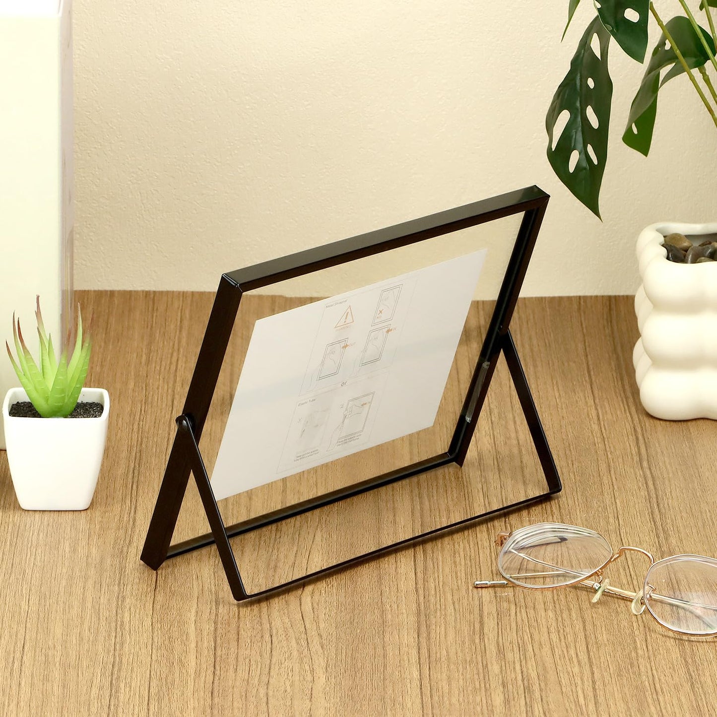QWORK 6x8 Inch Black Floating Picture Frame Horizontal, Fits 5x7 4x6 3x5 Photos, Glass Double Panel Metal Frame for Tabletop Display