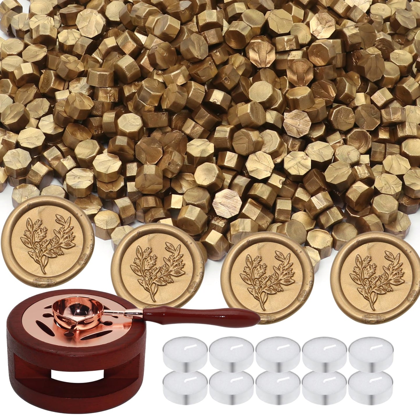Andotopee Wax Seal Beads Kit - 300pcs Antique Gold Sealing Wax Beads with Wood Melting Warmer, Spoon & 10 Mini Candles for Stamp Seals, Wedding Invitation, Envelope, Cards, Gift Wrapping Decorations