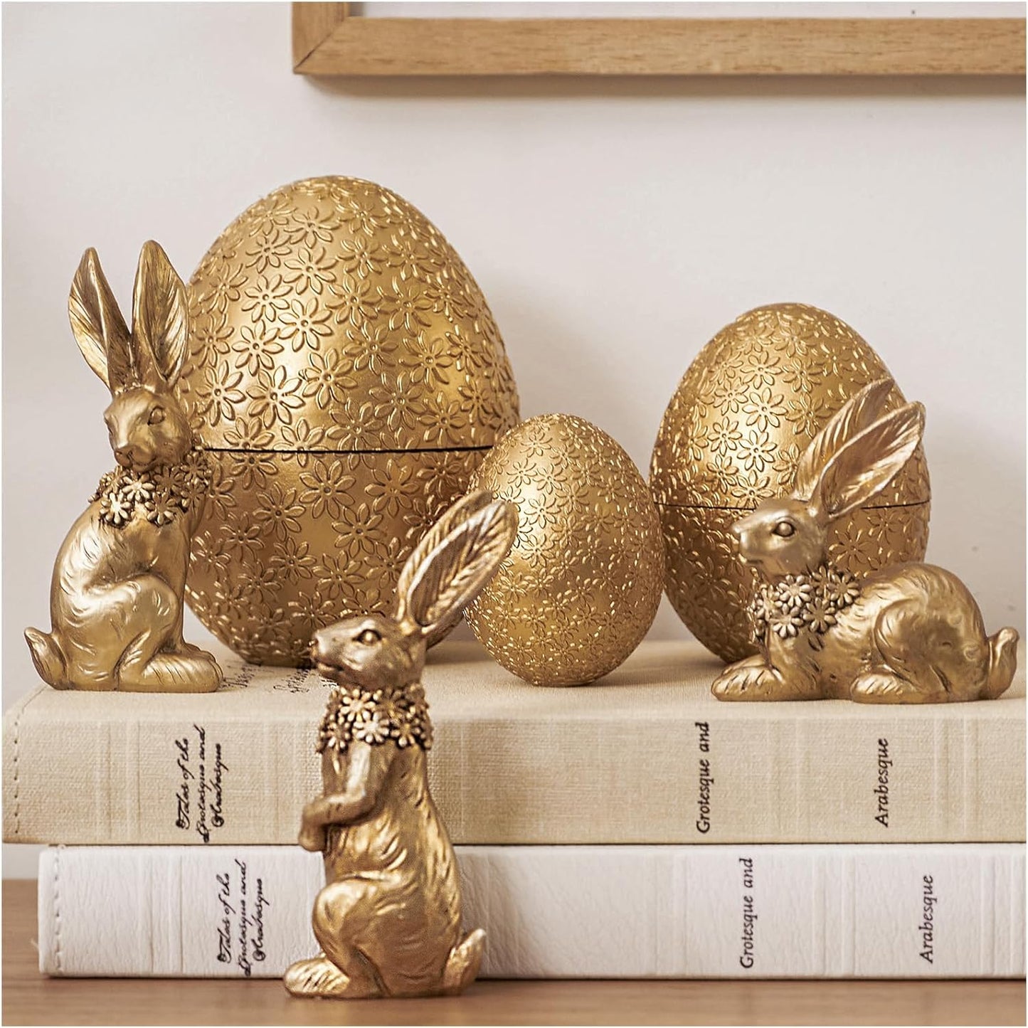 6PCS 3 3 DN DECONATION Easter Decorations with Rabbits and Nesting Easter Eggs, Small Gold Easter Bunny Figurines