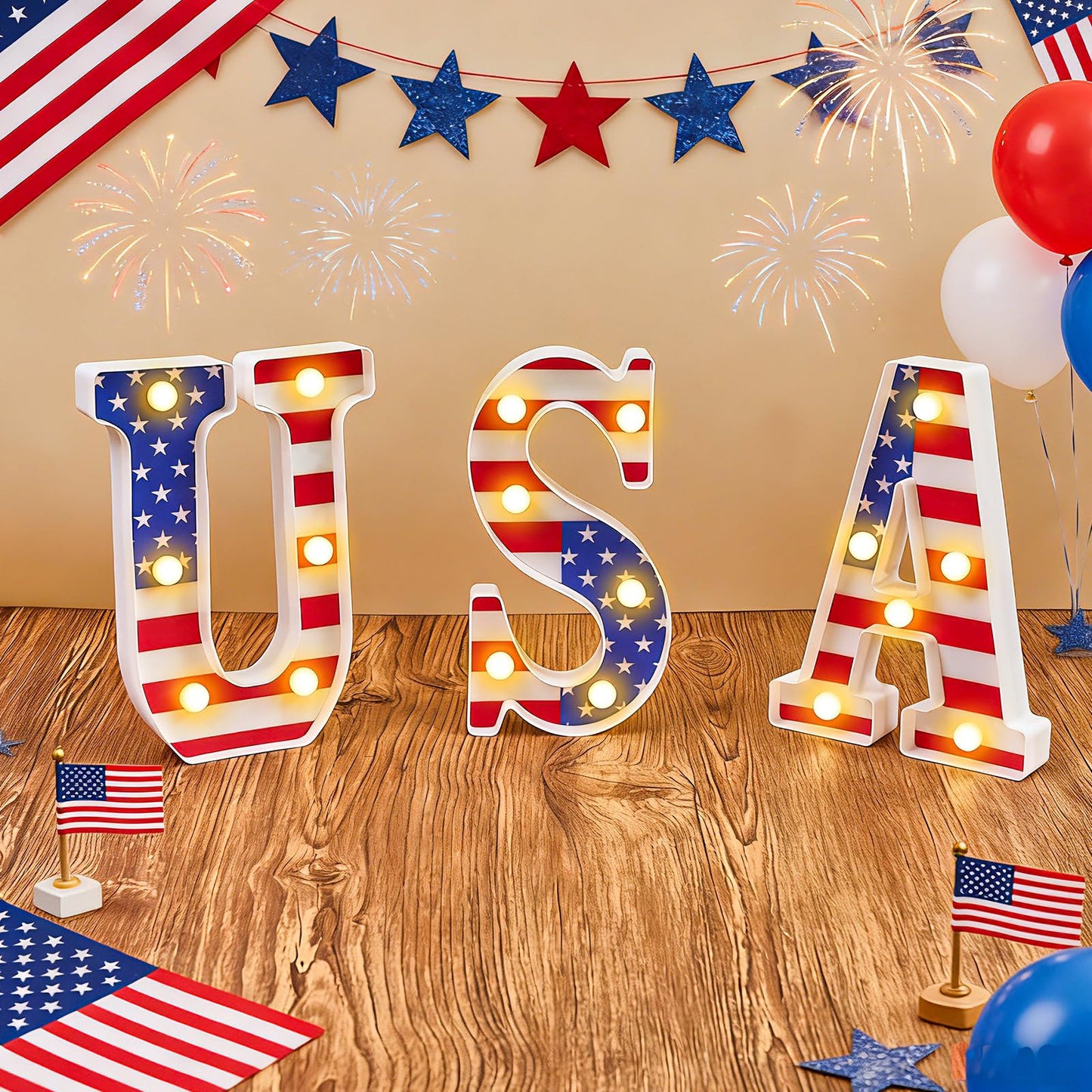 InnovaTools 3 Pcs Light Up Letters, 4th of July Patriotic USA LED Marquee Letter Lights, American Flag Red White Blue Decor for 250th Anniversary Independence Day Table Centerpiece Home Decorations