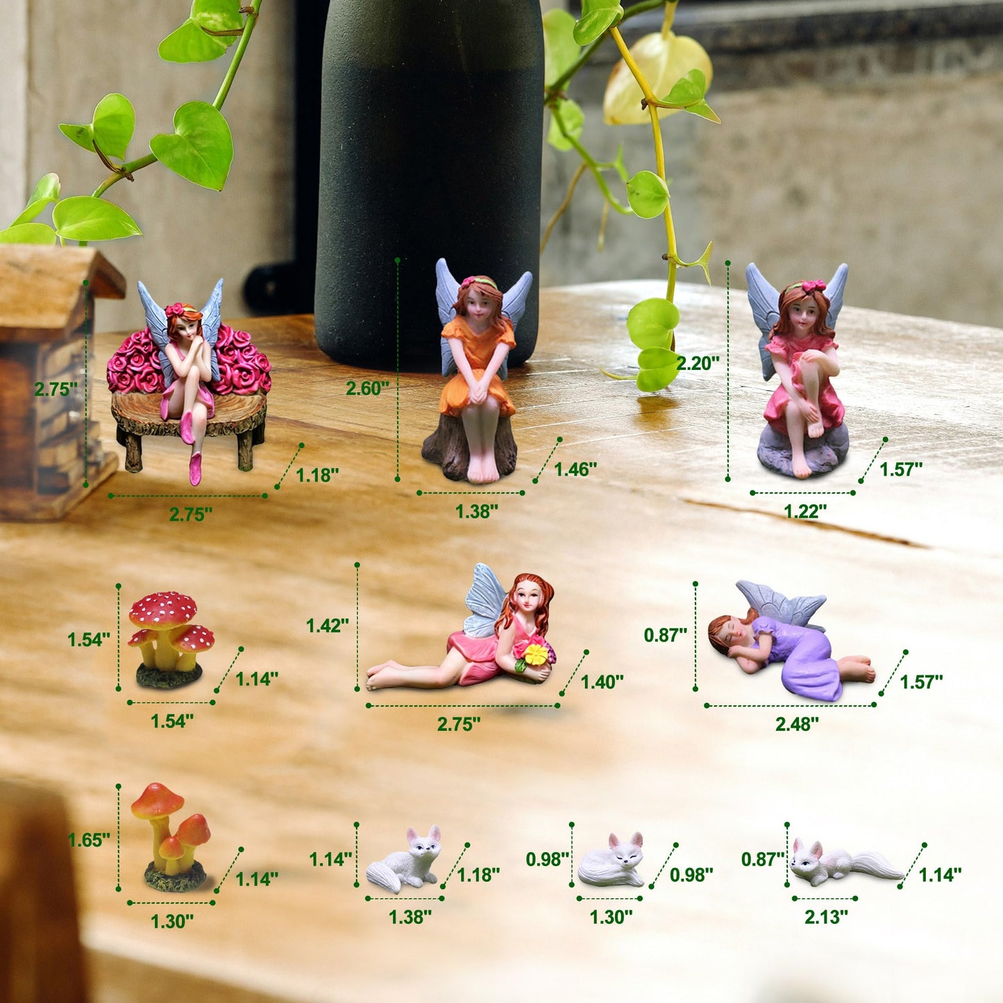 Miniature Fairy Garden Accessories Set - 5 Resin Fairies (Sleeping, Sitting on Stone/Stump/Bench) with 3 White Fox Statues & 2 Spotted Mushrooms - Whimsical Forest Decor for Terrarium, Patio & Gifts