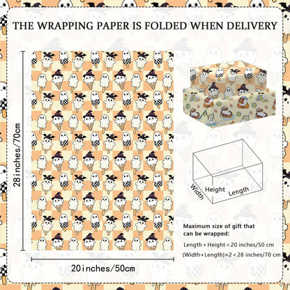 Summer Ghost Wrapping Paper for Kids, 12 Sheets Cute Beach Halloween Wrapping Paper, Kawaii Pastel Spooky Surf Ice Cream & Tropical Designs for Birthday Summer Holiday Party Decor, 19.7 x 27.6 Inch
