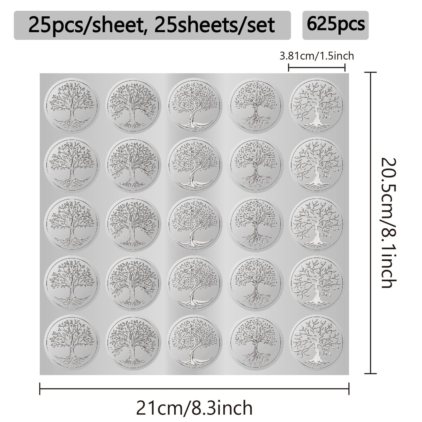 CRASPIRE 600Pcs Tree of Life Silver Foil Envelopes Stickers 1.5" 5 Style Embossed Certificate Seals Self Adhesive Sticker Decor Labels for Award Office Wedding Invitation Graduation Gift Packing