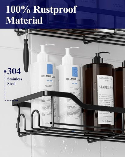 Kitsure Shower Caddy | Large Adhesive Organizer - Stainless Steel Shelf for No-Drill Bathroom Storage, 2 Pack, Black