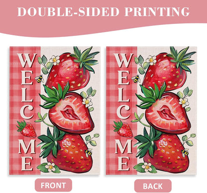 Welcome Spring Summer Strawberry Decorative House Flag, 28 x 40; Red Fruit Plaid Check Farmhouse Garden Yard Outside