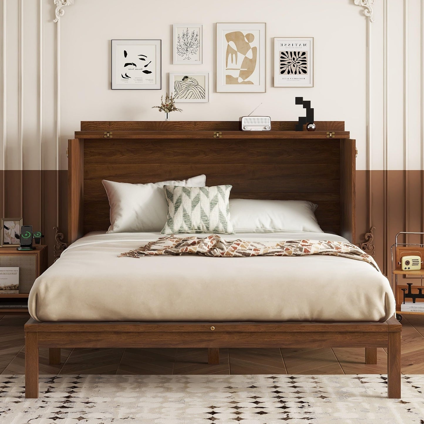 GDFStudio Queen Size Murphy Bed Cabinet with Rattan Panel, Built-in Power Station, Pine Wood Cabinet Bed with Storage Drawer, Foldable Queen Beds for Guest Rooms, Small Spaces, Living Rooms, Walnut