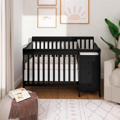 Dream On Me Jayden 4‑in‑1 Mini Convertible Baby Crib & Changer with Storage in Black, Pinewood, GreenGuard Gold & BSA, 1” Mattress Pad, 3 Mattress Heights, Converts to Mini Day & Twin-Size Bed