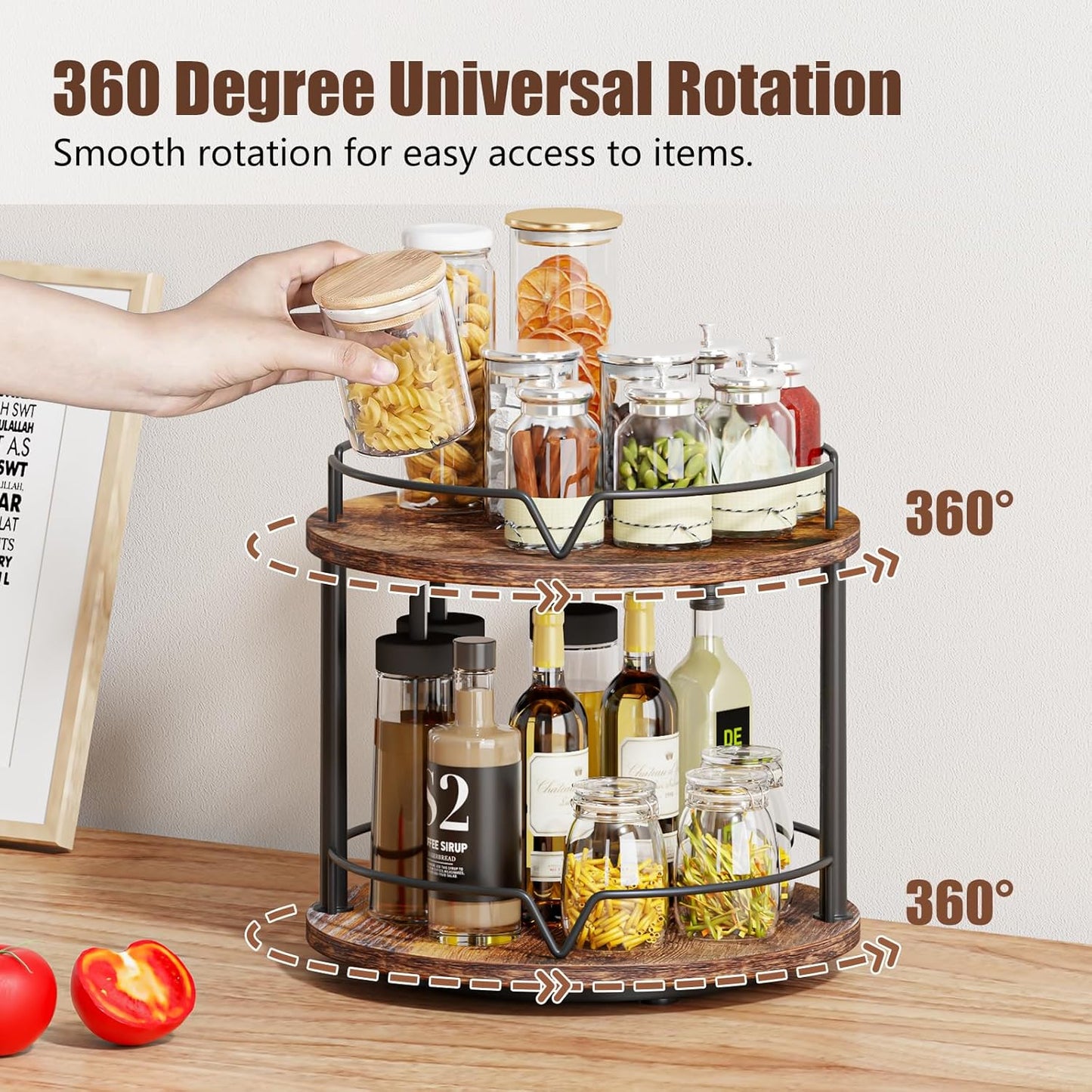 12" 2 Countertop KLM Wood Lazy Susan, Rotating Spice Rack, Tier Spice Turntable Organizer, Industrial Turntable Spice
