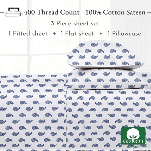 California Design Den Twin Sheet Set - 400 Thread Count Sateen, 100% Cotton, Paisley Blue