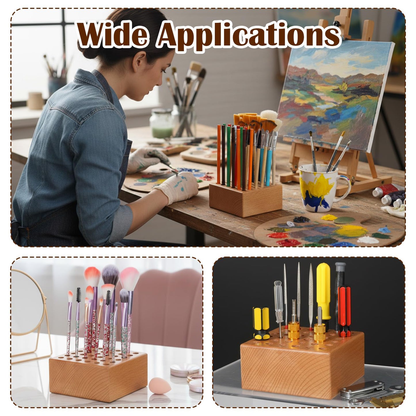 Yuanan 2 PCS Artist Paint Brush Holder, 36 Holes Wooden Paint Brush Holder Square Paintbrush Holders Large Capacity Paintbrush Organizer for Storing Painting Brushes, Makeup Brushes and Common Tools