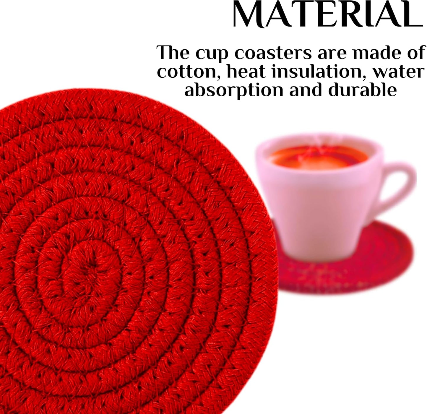 8PCS Red Handmade Cotton Round Woven Coasters - Absorbent Braided Cup Mats for Drink Home Kitchen Heat-Resistant
