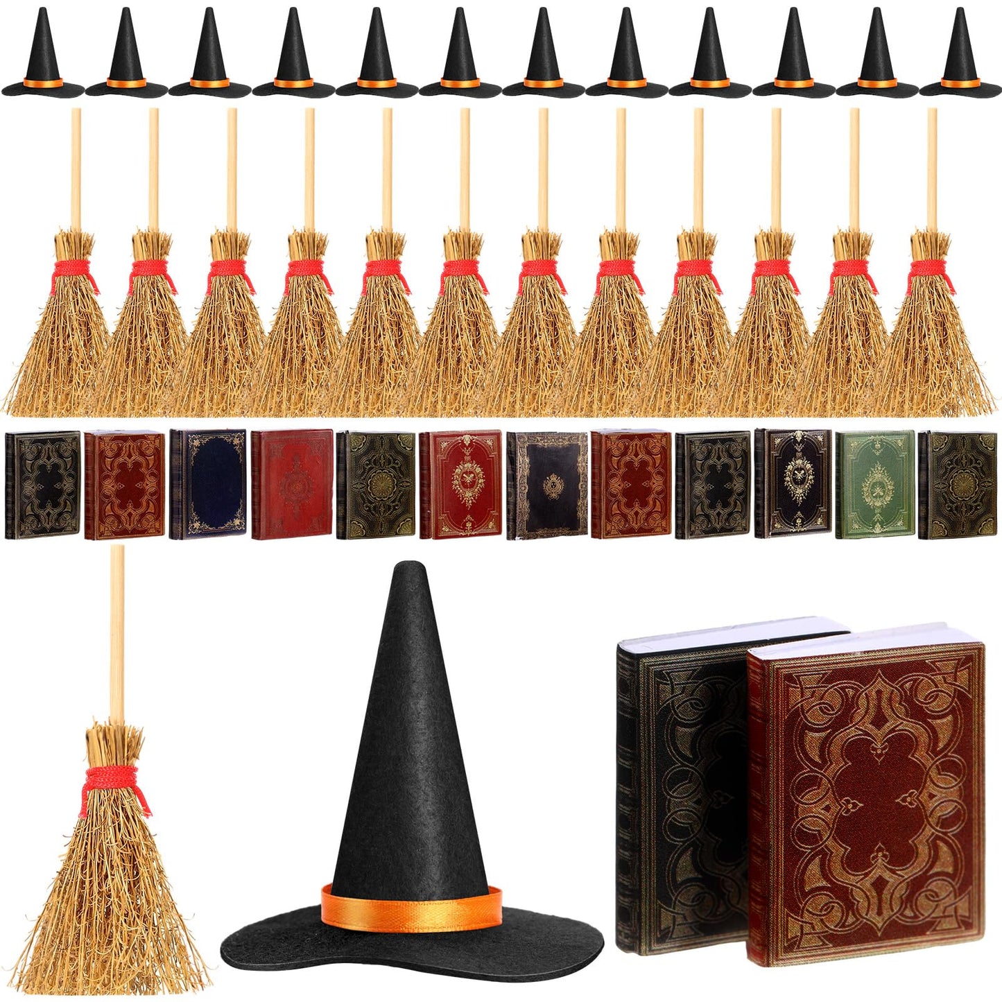 Yuntau 36 Pieces Mini Halloween Decorations 12 Mini Felt Witch Hats 12 Small Brooms 12 Miniature Dollhouse Books Tiny Witch Accessories Set for DIY Crafts Halloween Party Decor Supplies