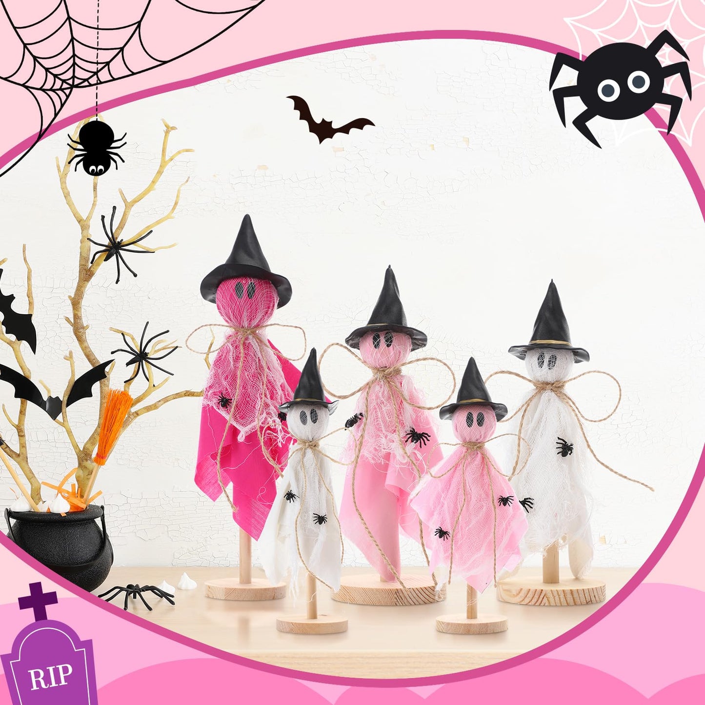 Kathfly 5 Pcs Halloween Ghost Decorations Indoor Primitive Halloween Ghosts with Witch Hat Wooden Stand Pink Ghost Wooden Centerpieces for Home Office Table Tiered Tray Mantel Party Decor