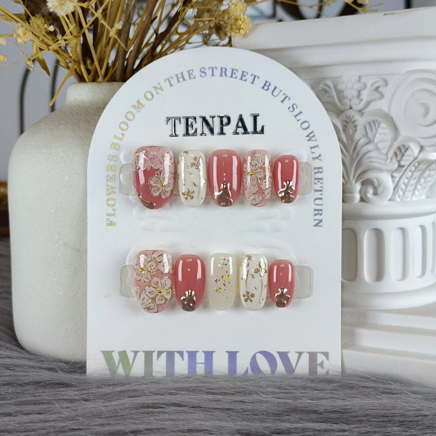 TENPAL Short Oval Press on Nails,Peach Yogurt Base Glue on Nails,Hand-Painted Cloisonné Florals False Nails Press ons,Artisan Chinese Style Fake Nails Kit,Enamel Wire Inlay Nail Art Tools 10pcs(L)