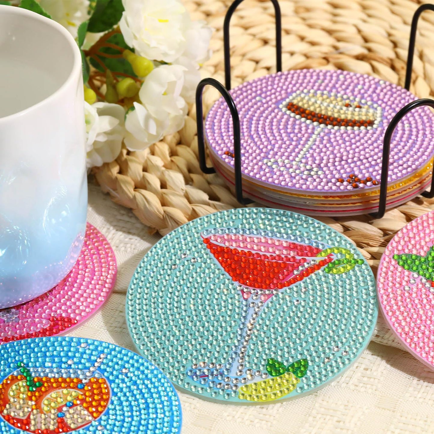 8 PCS Cocktail Diamond Art Coasters Kits, Diamond Painting Coasters with Holder Set of 8, DIY Drink Coasters Art Crafts Supplies for Adults Cup Mat for Home Decor House Warming Gifts Non-Slip 3.9inch
