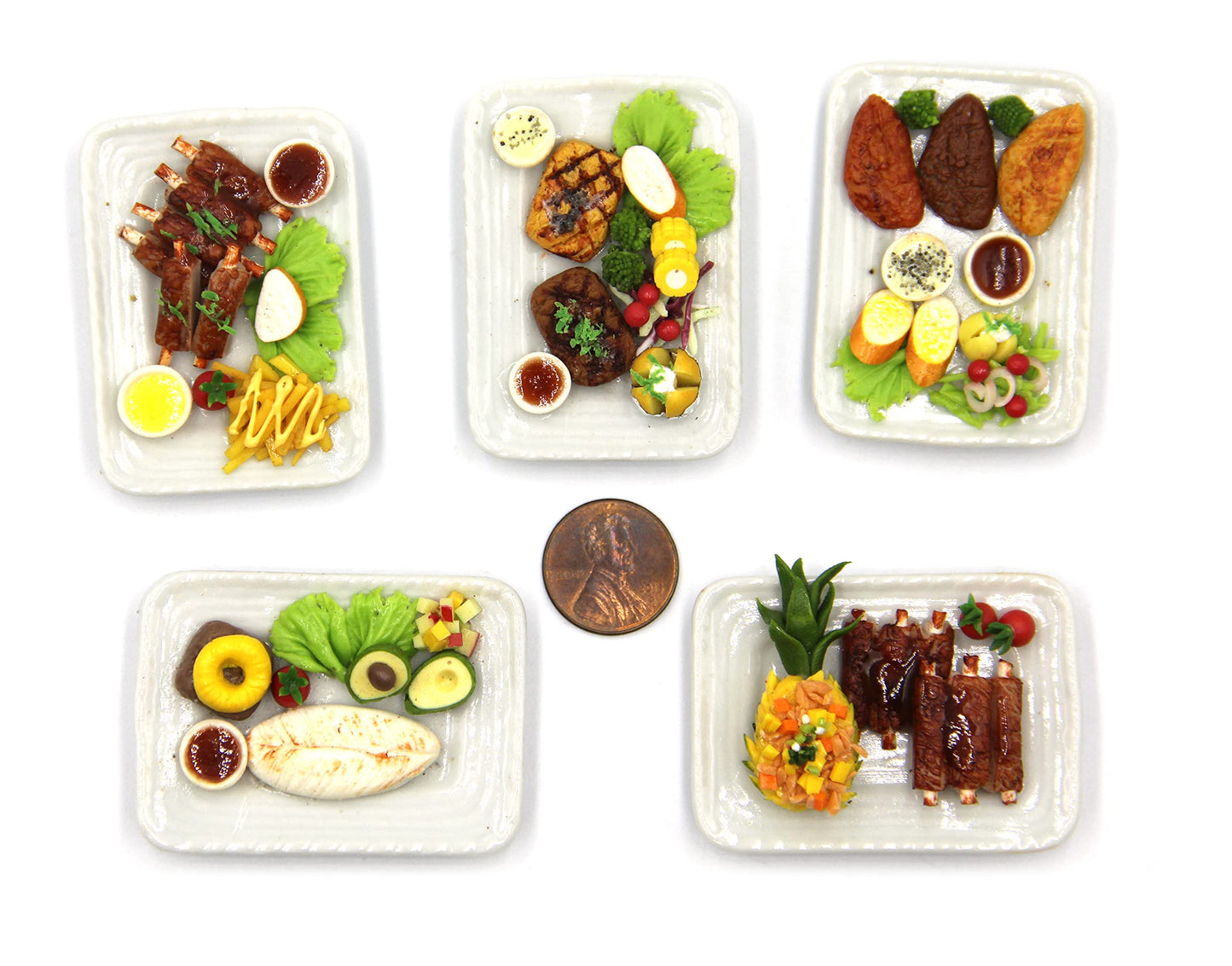 Lovely Mixed 5 Assorted Hawaiian Grilled, Steak, with Appetizer Dish Dollhouse Miniature Food, Tiny Food for Collectibles, Compatible with Barbie Dollhouse and Diorama Scale 1:6, 1/6