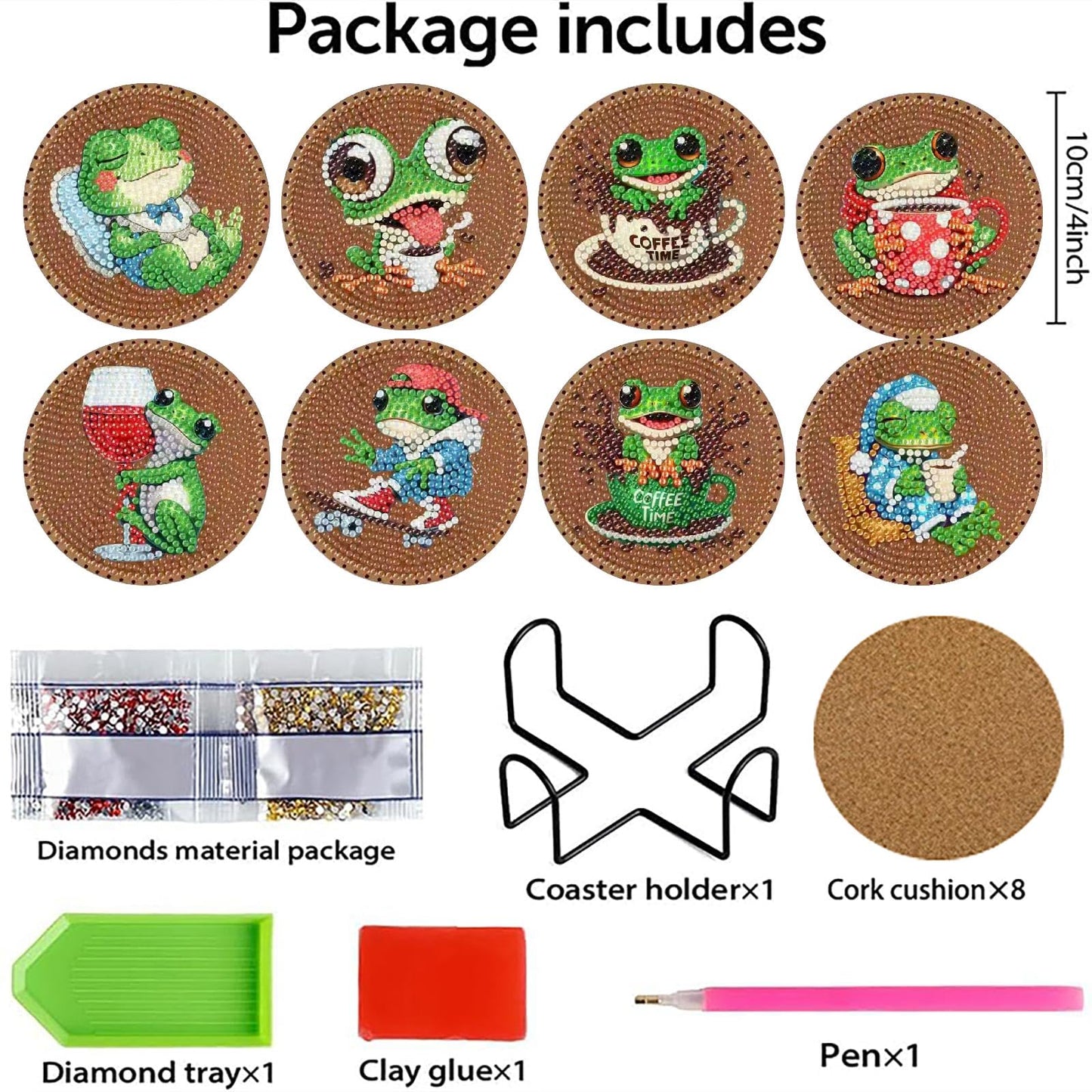 Clendo 8 PCS Coffee Frog Diamond Art Coaster Kits with Holder - Diamond Painting for Adults Beginners - 5D Gem Art Dots Paintings with Cork Pads - Crafts Supplies