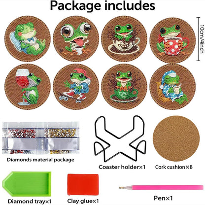 Clendo 8 PCS Coffee Frog Diamond Art Coaster Kits with Holder - Diamond Painting for Adults Beginners - 5D Gem Art Dots Paintings with Cork Pads - Crafts Supplies