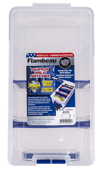 Flambeau Outdoors 4510 Clear Fishing Tackle Box Organizer - Super Half Satchel Soft Lure Storage Boxes, Bait Organizer, Tuff Tainer with Zerust Anti-Rust Dividers