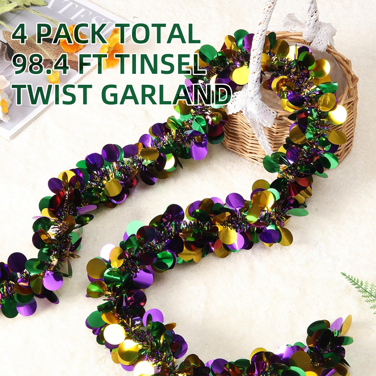 Ohiyoo 100 Feet Mardi Gras Tinsel Garland Gold Green Purple Garland Mardi Gras Christmas Tree Tinsel Metallic Twisted Hanging Streamer for Oktoberfest Birthday Party Decoration