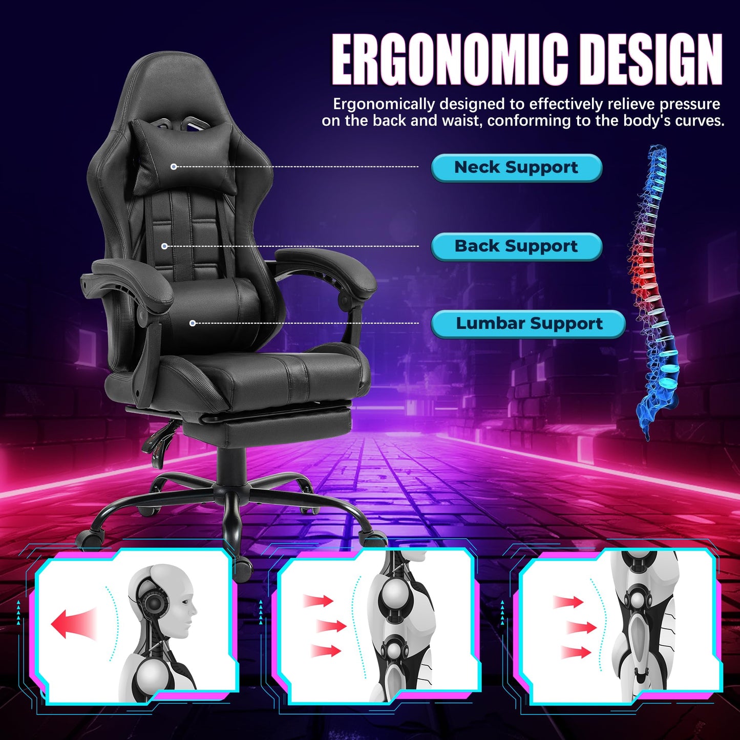 Massage Gaming Chair w/Footrest, Ergonomic High Back PC Chair w/Headrest and Lumbar, PU Swivel Home Desk Office Chair, Black