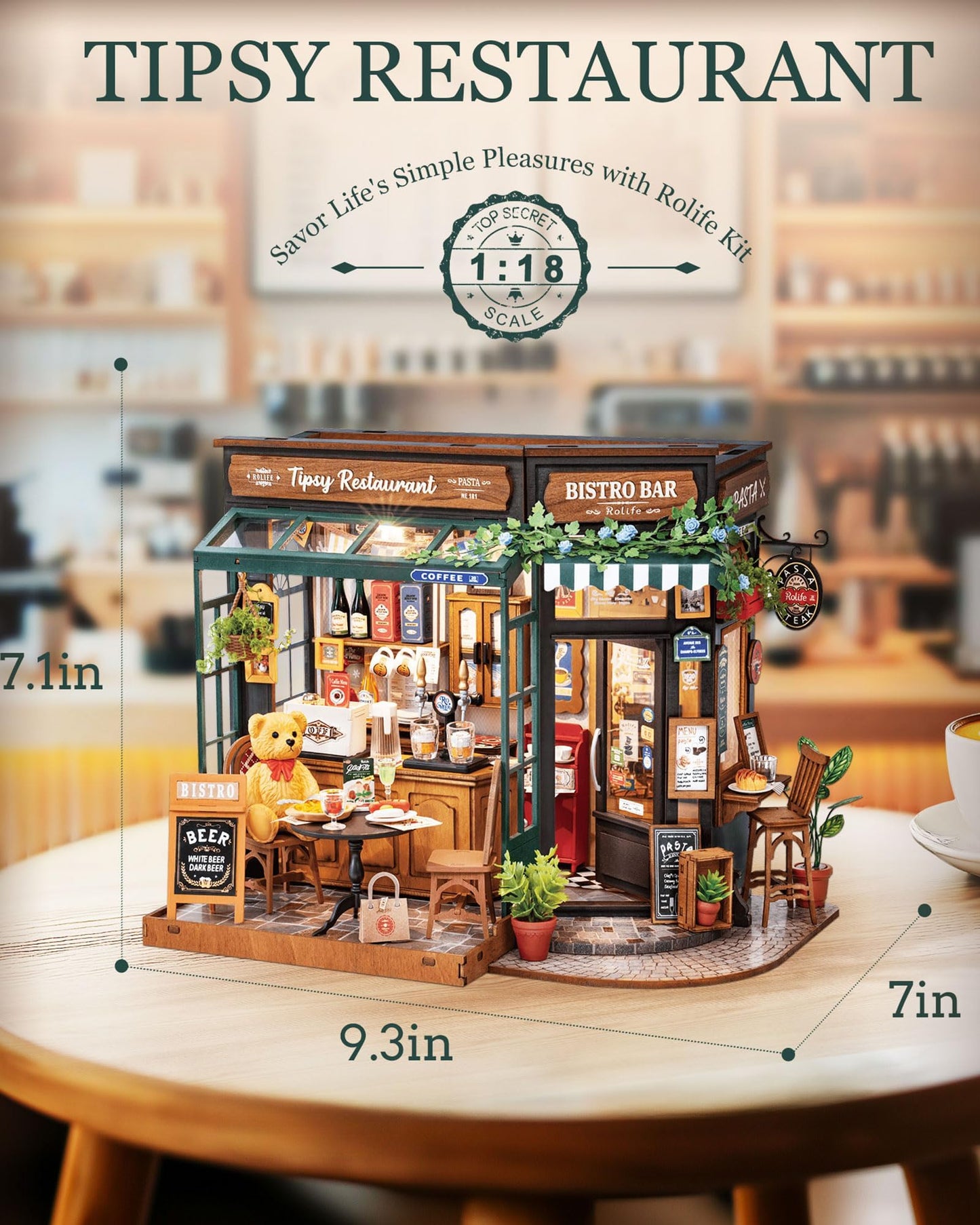 Rolife DIY Miniature House Kit 1:18 Coffe&Bar Dollhouse Diorama Model, Build Mini House Building Kit with LED Light Hobby Crafts for Adults Gift for Him Her (Tipsy Restaurant)