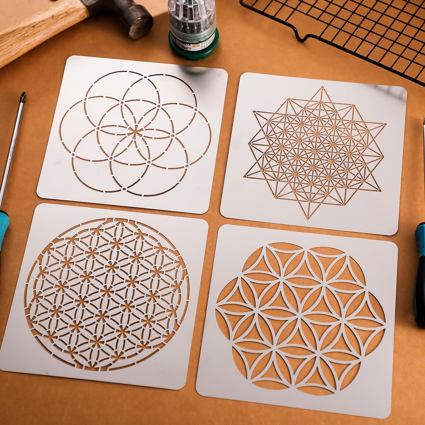 Therwen 4 Pcs Reusable Metal Stencils Sacred Geometry Stencils Flower of Life Version 64 Tetrahedron Seed of Life Drawing Template for Wood Burning Engraving Crafting Scrapbook Wall Painting Crafts