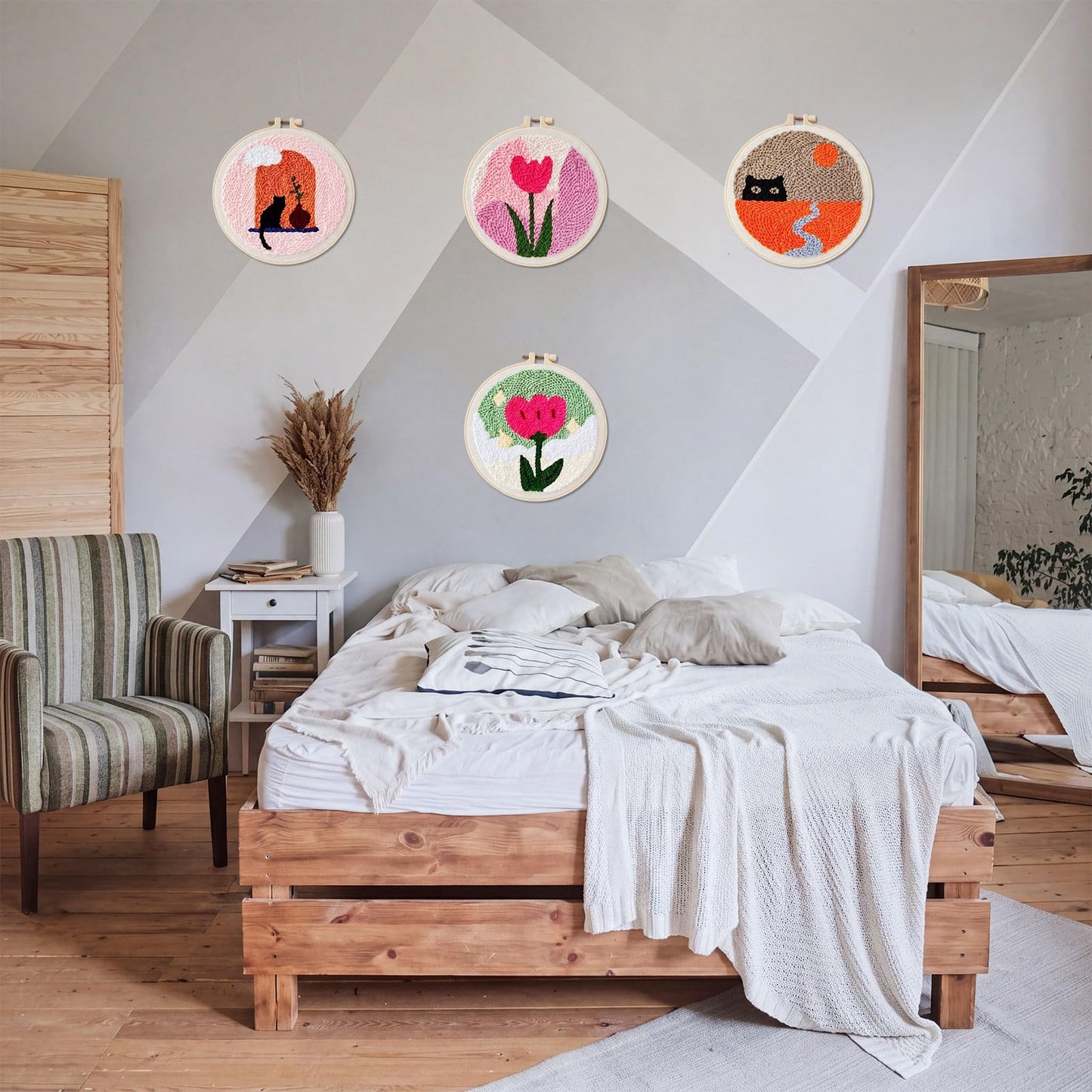 XunYee 4 Sets DIY Punch Needle Kits for Adult Beginners Cute Cat with Flower with Hoop Punch 8 Inch DIY Needle Embroidery Sets Starter Craft Set Easy for Adults Children Festival Gift Decoration