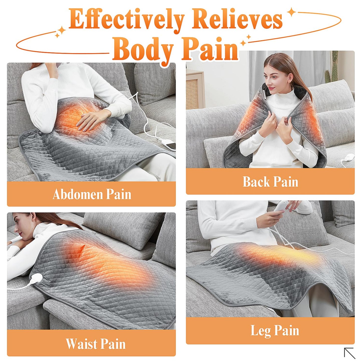 King Size Heating Pad for Back Pain 32"x24" Extra Large Electric Heating Pad for Period Cramps Relief & Body Neck Shoulder Auto Shut Off Heat Pad Temperature Settings Machine Washable Gray