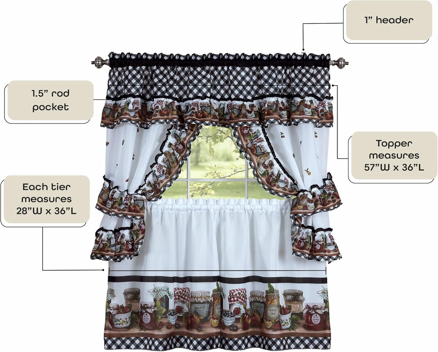 Printed Cottage Tier and Swag Window Curtain Set - 57 Inch Width, 36 Inch Length - Mason Jars