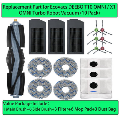 Replacement Spare Parts for Ecovacs DEEBOT X1 OMNI / X1 Turbo / T10 OMNI Robot Vacuum 1 Main Brush 3 Pair Side Brush 4 Mop Pad 3 Filter 4 Dust Bag Activated Carbon Upgraded Accessories